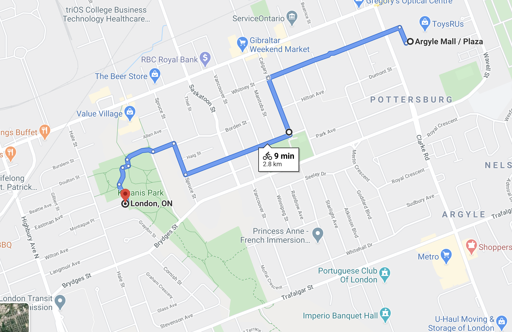 Bicycle route map from Argyle Mall to Kiwanis Park, London, Ontario