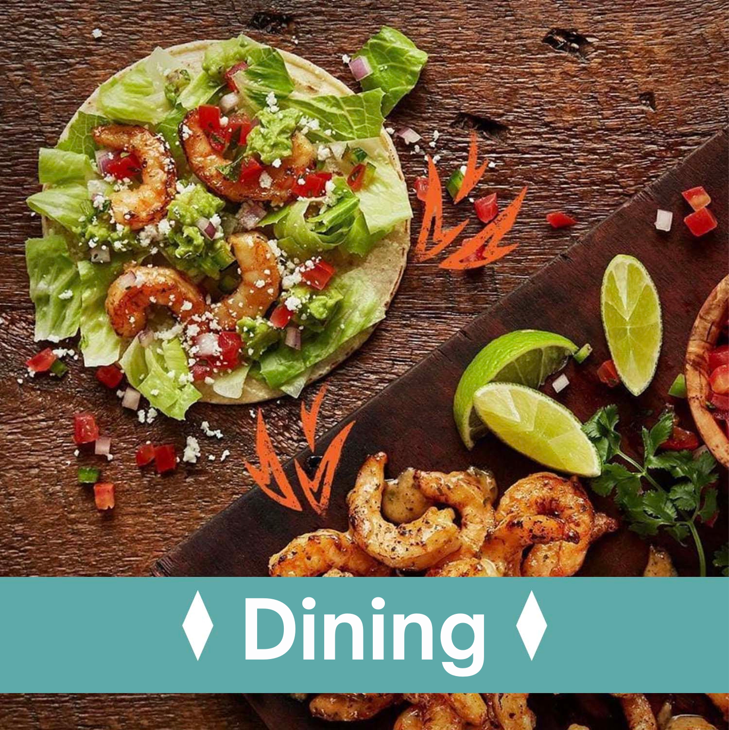 A platter of food with text reading, dining