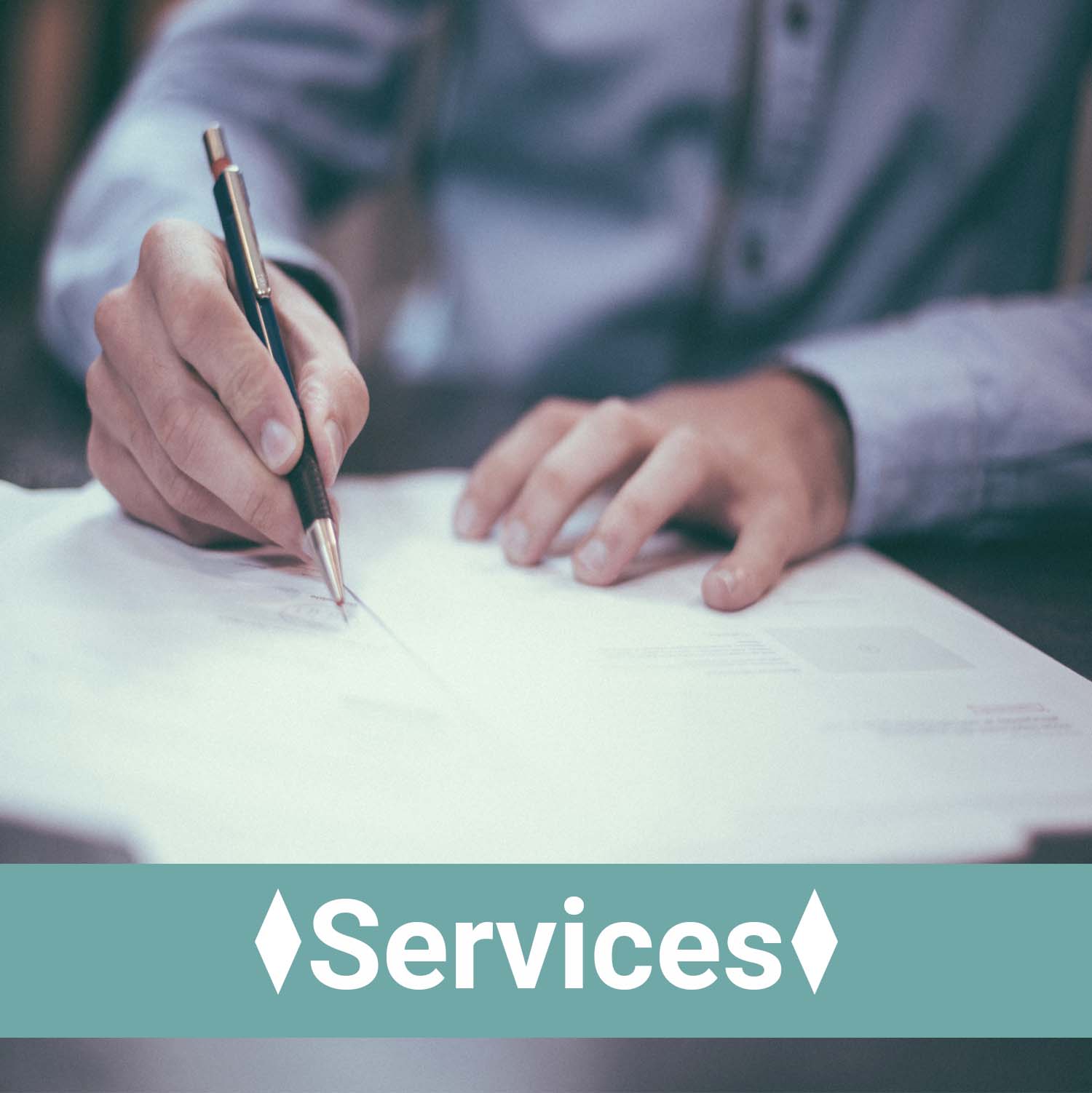 a business man writing at a desk with the text, services